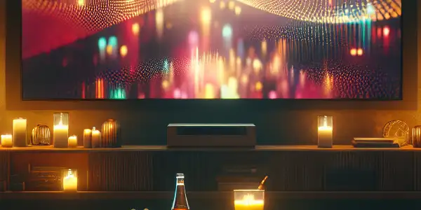 A cozy living room movie night scene featuring soft lighting, plush sofas, and abstract visuals evoking intimacy and storytelling.