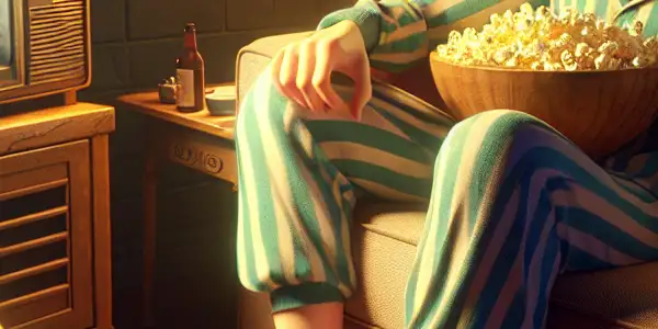 A cozy living room scene featuring a playful character watching a cheeky movie on a vintage TV.