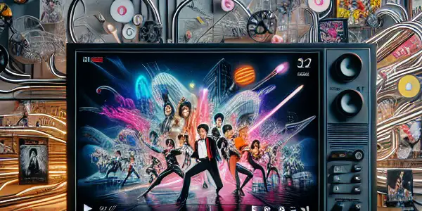 A modern living room featuring a high-definition screen displaying dynamic adult content imagery and stylish decor.