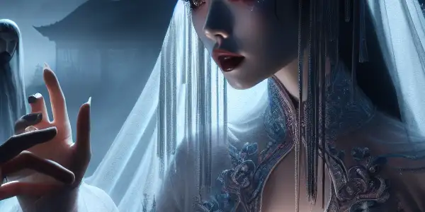 A captivating female ghost in traditional garments interacts with a human figure amidst an eerie, moonlit landscape.
