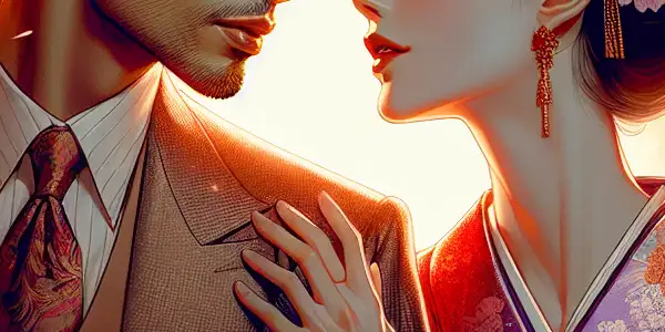 A romantic poster featuring two protagonists in an intimate moment, surrounded by cherry blossoms and warm colors.