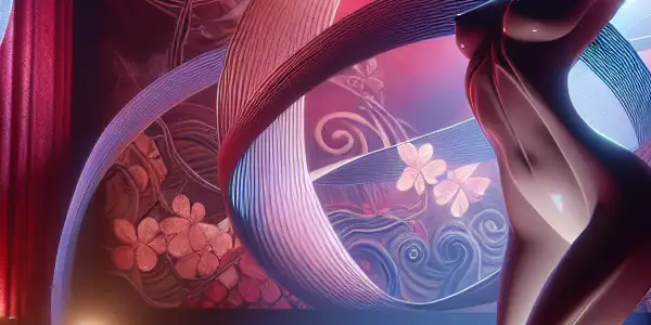 A stylized cinema scene featuring an abstract figure amidst vibrant colors, symbolizing the allure of adult films.