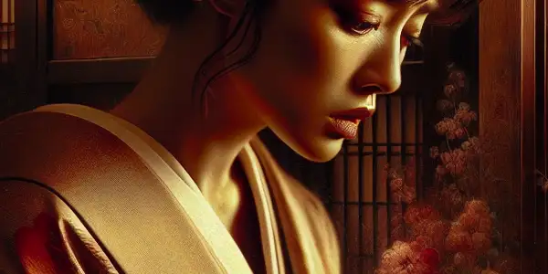 A passionate female protagonist in an intimate, traditionally decorated setting, embodying emotional tension and desire.