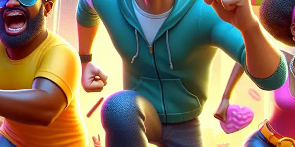 Three animated characters comically chase each other in a colorful urban setting, featuring oversized props and playful expressions.