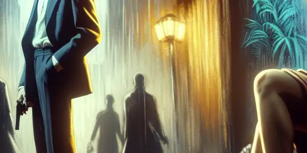 A tender moment between a man and woman in a dimly lit urban setting, reflecting intimacy and desire.