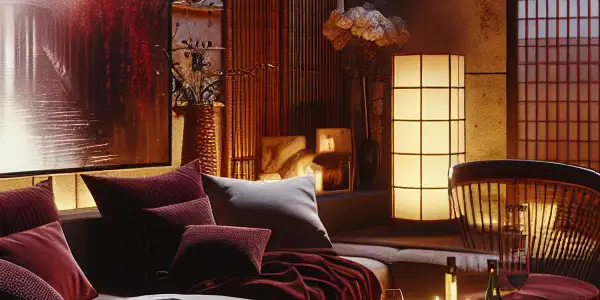 A cozy, dimly lit living room with vintage decor, a blurred film on TV, and romantic details.