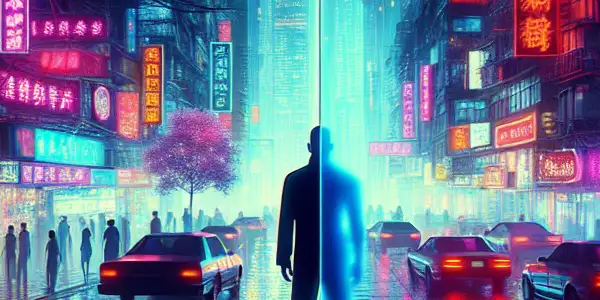 A neon-lit urban nightlife scene featuring a mysterious figure, embodying allure and taboo, with elements of sensuality and violence.