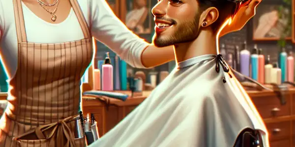 A lively Japanese barbershop scene featuring a charismatic female barber styling a young man's hair.