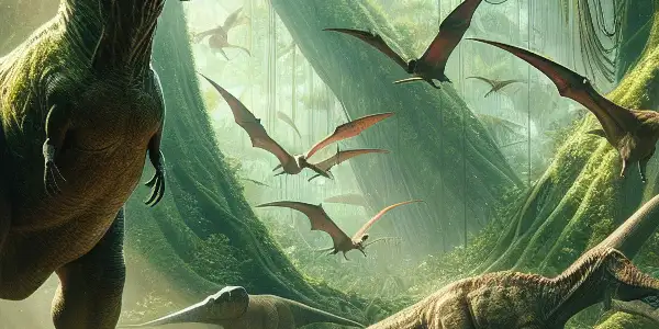 A vibrant prehistoric jungle scene featuring dinosaurs, scientists in awe, and playful, cartoonish dinosaur antics.