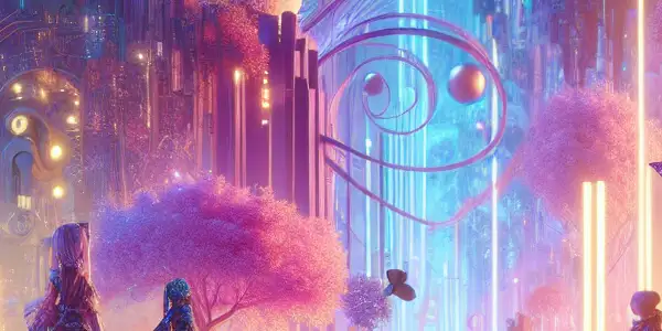 A vibrant, dreamlike scene featuring animated characters in a surreal landscape, blending fantasy and sensuality.