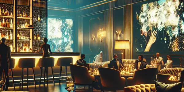 Luxurious VIP lounge with sophisticated patrons enjoying exclusive content on high-definition screens and elegant decor.