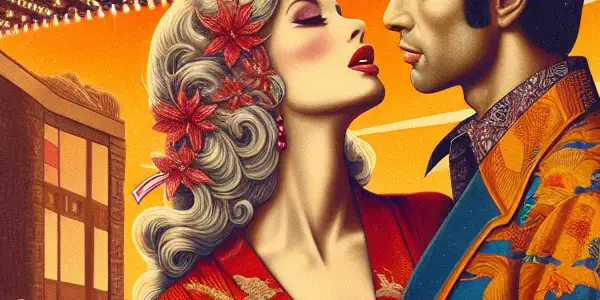 A vibrant retro movie poster featuring a couple in a passionate embrace, set in a vintage cinema atmosphere.