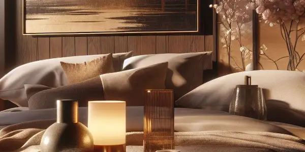 A cozy bedroom scene featuring a bedside table with lubricant products and a blurred adult film on a screen.