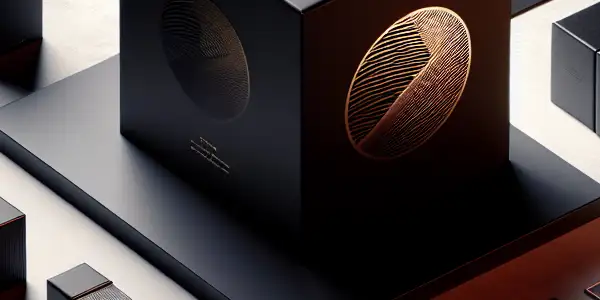 A sophisticated display of premium adult packaging, featuring a sleek black box and artistic designs in a classy setting.