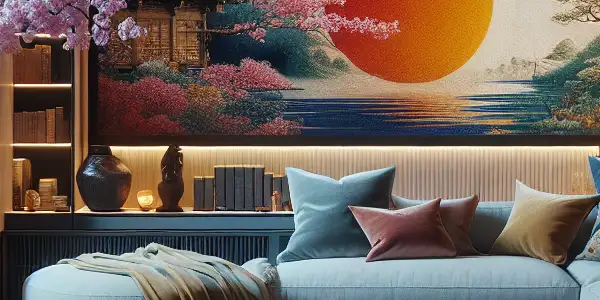 A cozy, stylish viewing space for Japanese films, featuring soft lighting, elegant decor, and cinematic elements.