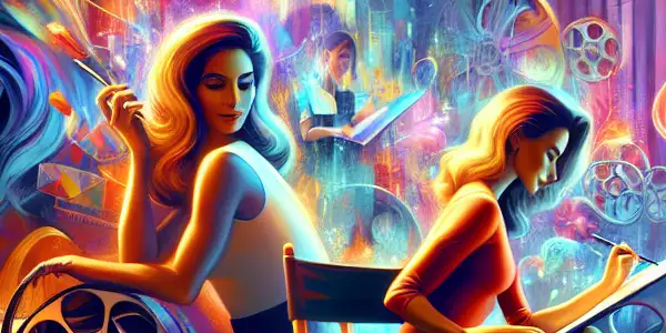 Two Japanese actresses collaborate on a vibrant film set, showcasing artistry and innovation in adult entertainment.