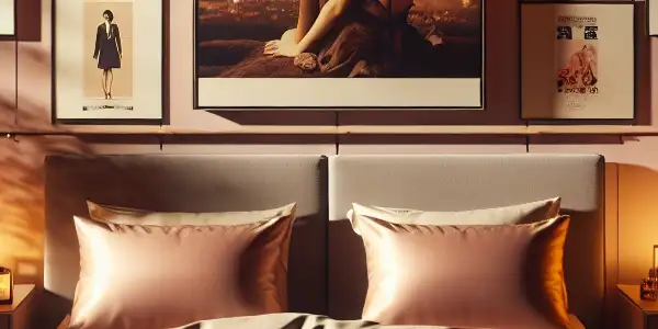 Stylish modern bedroom featuring Japanese AV posters and a sleek box of Smooth AV Condoms, surrounded by intimate symbols.