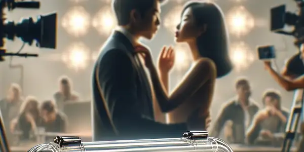 A glamorous film set featuring a sleek condom package in focus, with actors in a romantic scene in the background.