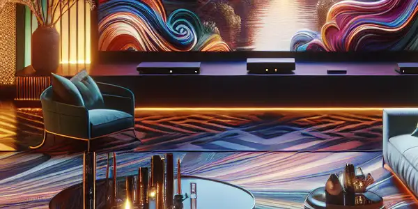 A modern room with a high-definition screen displaying abstract patterns of passion, featuring inviting decor and ambient lighting.