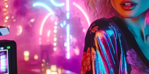A vibrant, neon-lit room featuring a confident female character in alluring costume, embodying the allure of trap films.
