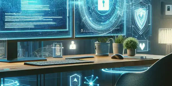 A modern digital workspace with dual monitors, symbols of security, and a cozy atmosphere for safe browsing.