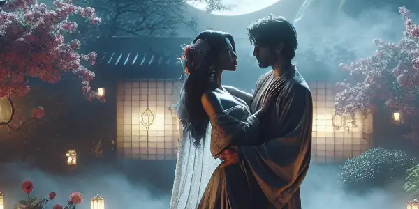A passionate embrace between lovers in a moonlit garden with blooming flowers and traditional Japanese architecture.
