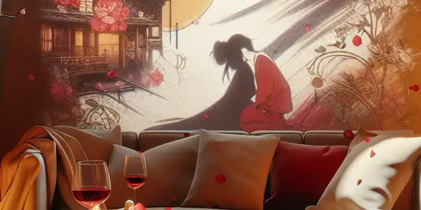 A cozy, romantic setting featuring plush furnishings, warm lighting, and subtle symbols of intimacy and desire.