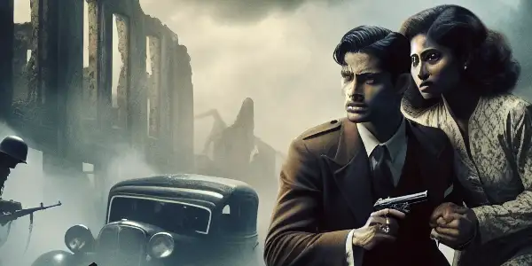 Two protagonists in period clothing escape through a war-torn landscape, embodying tension and allure amidst danger.