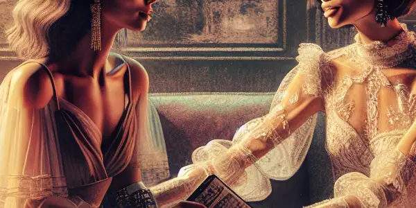 Two women share an intimate moment in a cozy, dimly lit room filled with cushions and film memorabilia.