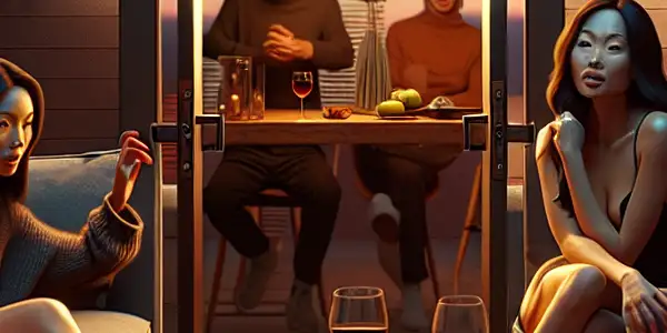 Two couples in a modern living room, exploring emotional tension and intimacy amid hints of secrecy and boundary-breaking.