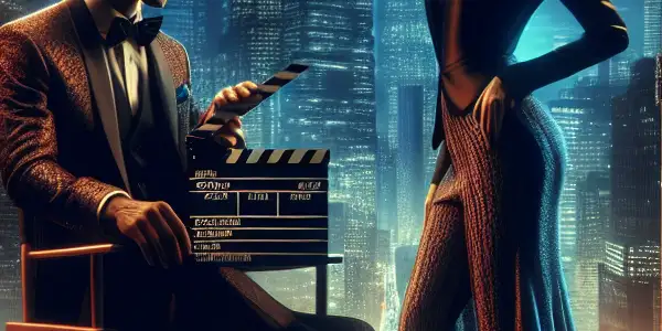 A cinematic film set featuring a charismatic couple in an intense dialogue, embodying the essence of the Japanese adult film industry.