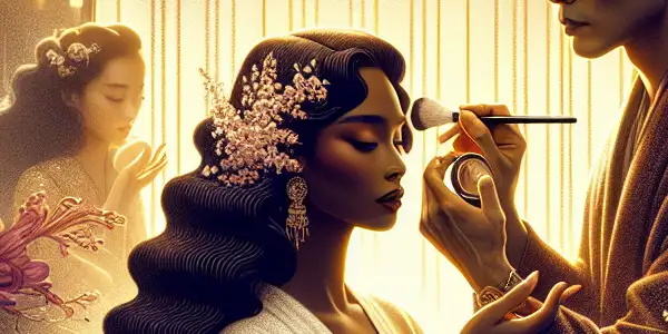 A romantic scene in a beauty salon featuring a confident woman applying makeup on a model, conveying passion and connection.