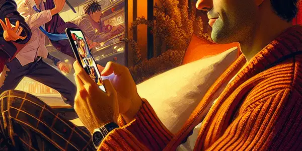 A person relaxes on a sofa, watching a Japanese adult film on a smartphone in a cozy, dimly lit room.