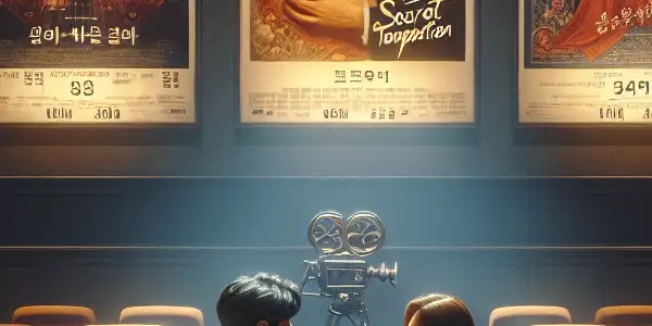 A couple enjoys a film in a stylish theater adorned with vibrant Korean adult film posters.