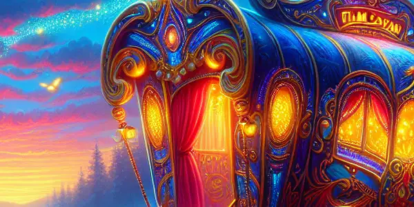 A vibrant, ornate caravan at twilight, surrounded by playful silhouettes and enchanting nature, evoking adventure and allure.