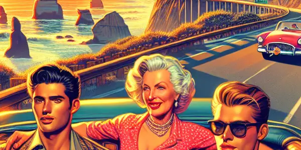 A thrilling coastal road trip with two young men and a confident mature woman in a stylish convertible at sunset.