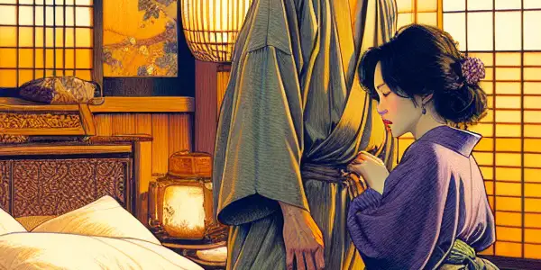An intimate scene of two characters in a romantic Japanese bedroom, surrounded by traditional decor and soft lighting.